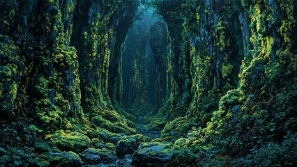 Bioluminescent silk texture on basalt columns; emerald, chartreuse, slate gray, cerulean hues in a rainforest.