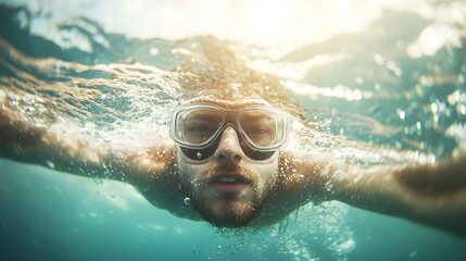 Fototapeta premium Man snorkeling underwater in clear ocean waters Generative AI