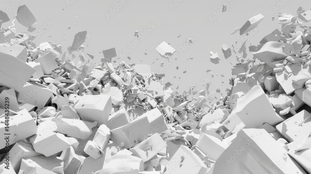 Poster a surreal composition featuring white dusty piles floating in the air, creating an abstract scene. i