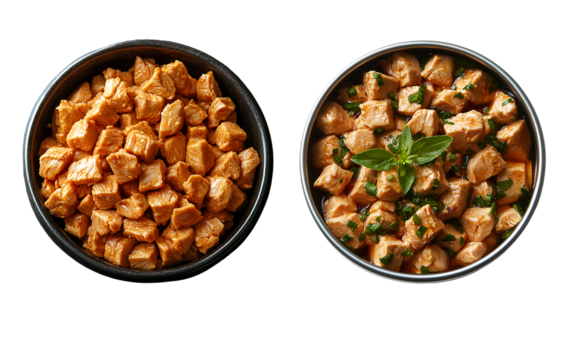 Size doubly blades Sung depicting the top view of an open can with chicken cat food in it, a lot of very small shelled and mixed up muscle meat is visible inside the bowl, transparent background