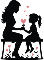 Heartfelt Mother and Daughter Silhouette Vector Sitting on a Bench with Love Flower and Floating Hearts, Ideal for Mother’s Day and Family-Themed Celebrations