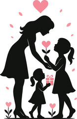 Mother’s Day Silhouette Vector of Loving Mom Receiving a Heart Flower and Gift from Two Daughters, Surrounded by Pink Leaves, Hearts, and Flowers on White Background