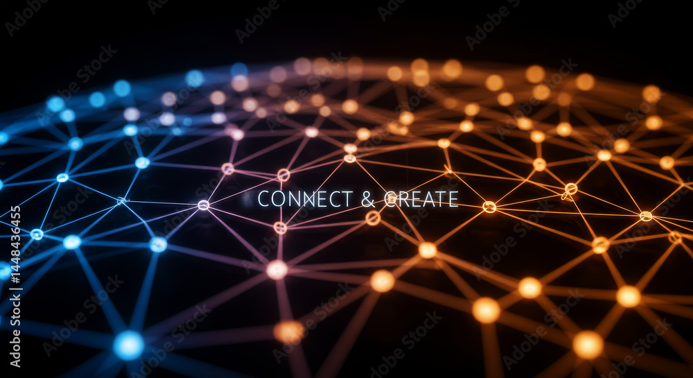 Poster networked ideas: connect and create - symbolizing connection, innovation, collaboration, growth, and