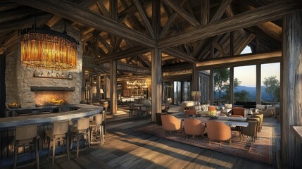 Fototapeta premium Spacious, rustic interior design of a modern log cabin.