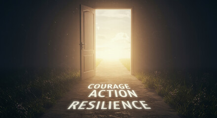 Open Door to Resilience: A Path of Courage and Action - Symbolic depicting courage, action, resilience, hope, and a brighter future through an open doorway