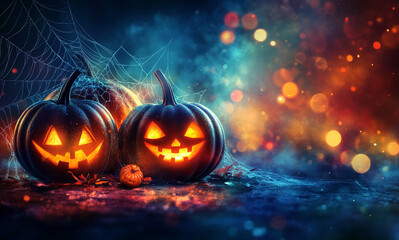 Naklejka premium The image showcases glowing jack-o'-lanterns, spider webs, and a spider against a backdrop of colorful bokeh lights, creating a spooky Halloween atmosphere.