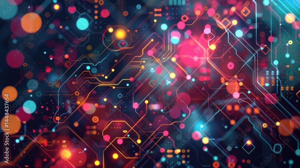 Poster an abstract technology-inspired background featuring vibrant colors and intricate patterns, perfect 