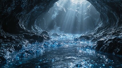 Iridescent mercury droplets shimmer within a dark grotto, reflecting blue light on obsidian rocks.