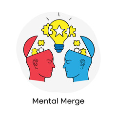 Vector icon for Mental Merge. Colorful icon with red and blue heads merging ideas through a large yellow lightbulb with puzzle pieces, symbolizing collaborative innovation.