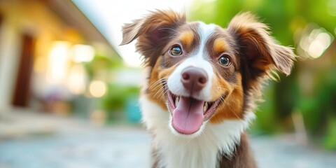 photo of happy puppy in front of house 