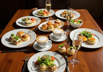 Table filled with delicious appetizers, coffee, and sparkling champagne for a special occasion or celebration at a restaurant.