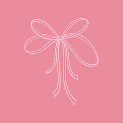 Whimsical tiny cute line doodle ribbon bow. Pink pastel coquette design element. Aesthetic decoration for wedding, birthday, Christmas and New Year party invitations and greeting cards