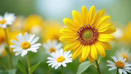 Naklejka premium Bright yellow sunflower among white daisies, isolated , flower, special