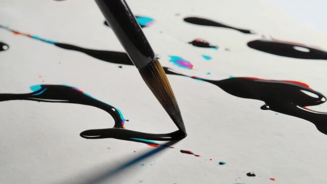 Black acrylic brush strokes abstract shapes white paper, video stutters, glitches, pixelates static. strokes, human faces briefly flicker paper seems to scream noise-distorted audio cues