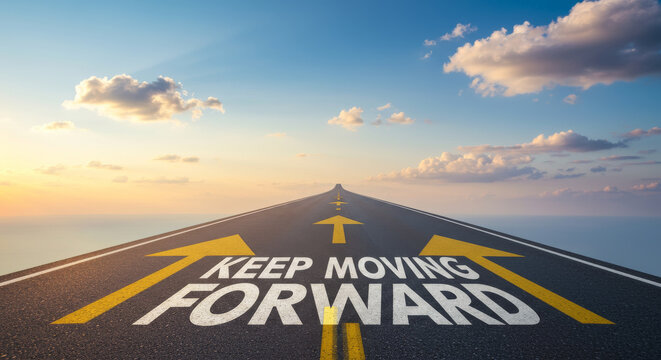 Road to Progress: Keep Moving Forward - Aspirational symbolizing progress, ambition, journey, future, and success. A road stretches to a bright horizon with arrows pointing forward