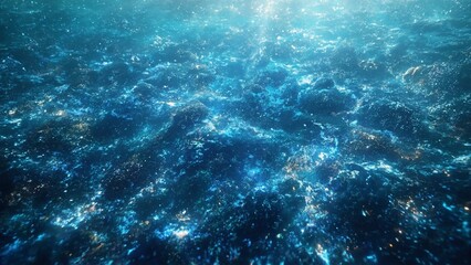 Fototapeta premium Iridescent waves, white fragments, coral, blue light, underwater scene, digital feel, teal colors.