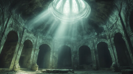 Ancient Dome: Weathered Rotunda with Ethereal Light Beams  