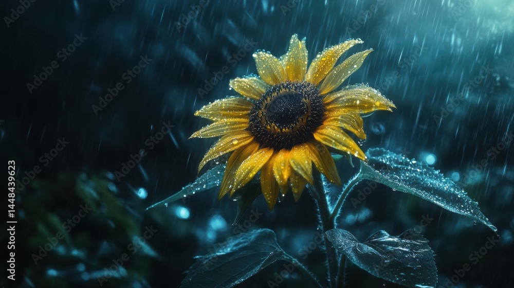 Poster sunflower adorned with raindrops creates a melancholic yet serene atmosphere in a blurred background