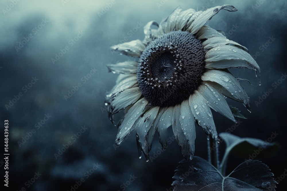 Aufkleber sunflower adorned with raindrops captures serene melancholy in a soft-focus background, emphasizing 