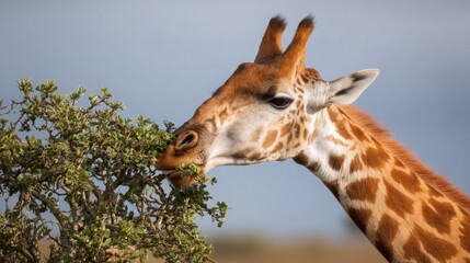 Obraz premium Giraffe Feeding on Acacia Tree in African Savanna