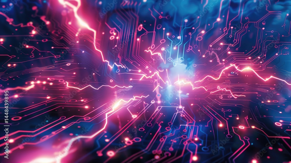 Poster an abstract electronic circuit pattern showcasing vibrant colors and dynamic light effects. perfect 