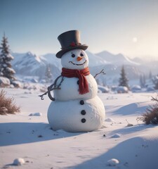 Obraz premium Frosty snowman, winter gear scattered, desolate scene, cold, vast