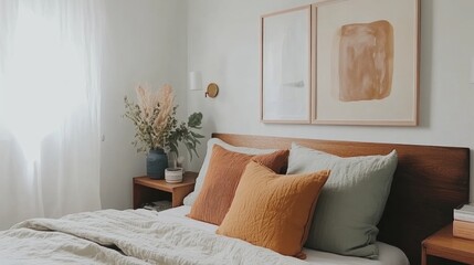 A cozy bedroom with warm earthy tones and natural elements.