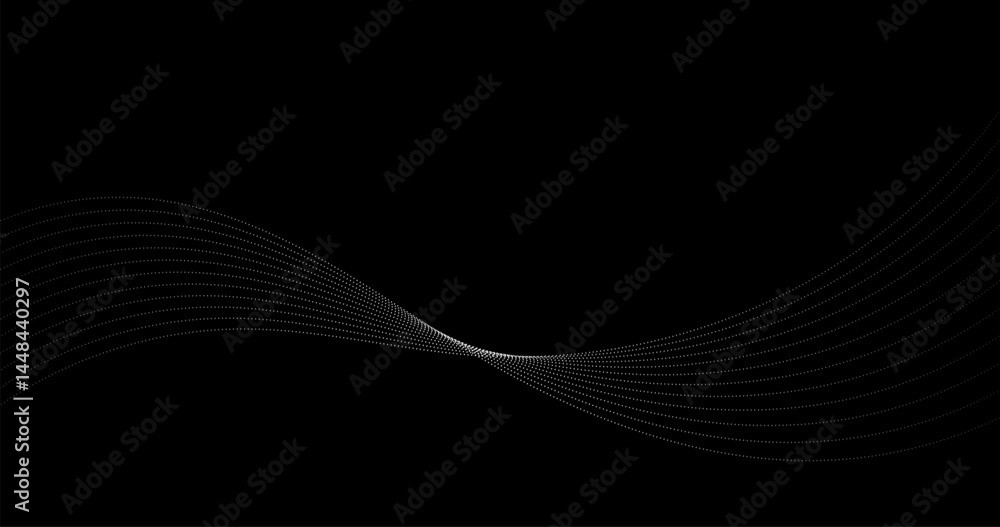 Poster black abstract background with dynamic waves of particle dots . vector illustration