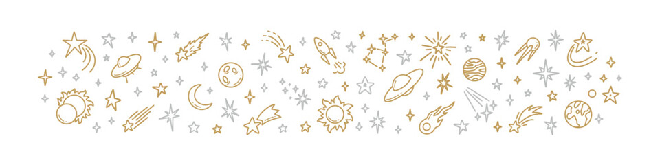 Golden and silver doodle space border. Hand drawn planets, stars, ufo, spacecraft, constellation. Kid cute line background. Solar system scientific astronomy vector illustration. Cosmic galaxy divider © Kseniia