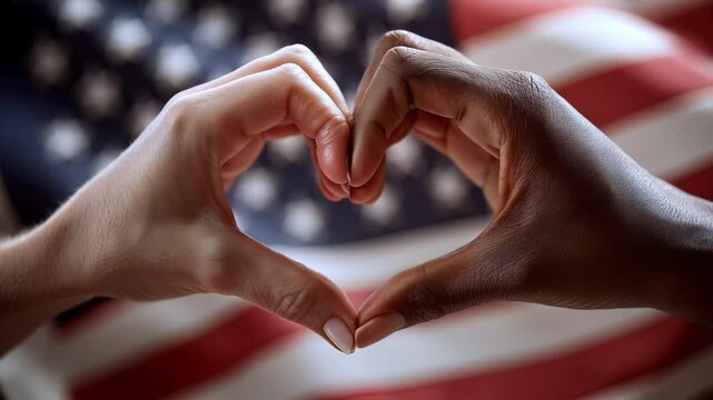 Two hands form heart against backdrop of american flag, symbolizing love, unity, and national pride. This emotional and powerful flag conveys deep connection to american values and patriotic spirit