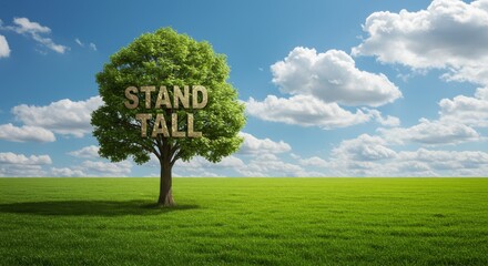 Stand Tall Alone Tree in Field - A single tree stands tall in a green field under a blue sky with puffy clouds. Symbolizing resilience, strength, nature, hope, and solitude