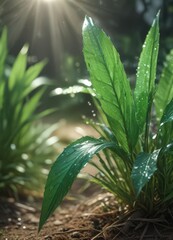 Obraz premium Vibrant emerald blades, dew-kissed, sunlight dappled , springtime, texture