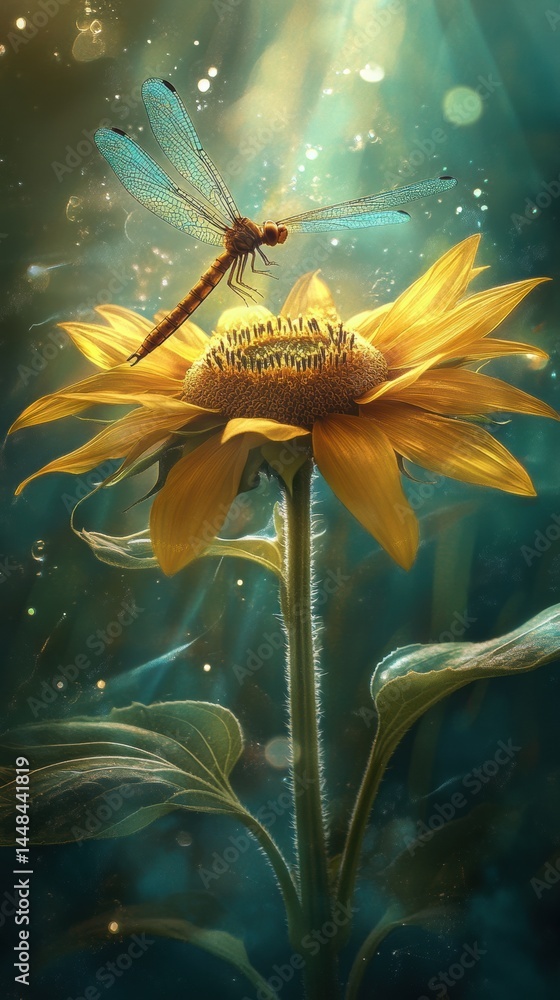 Poster sunflower and dragonfly dance in soft sunlight creating a natural harmony in a serene setting filled