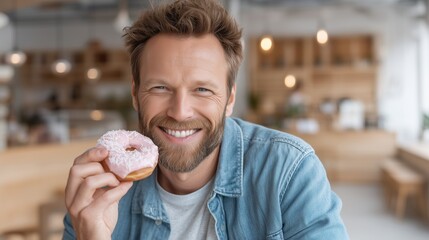 Happy guy snacking on donut in wood-accented cafe
