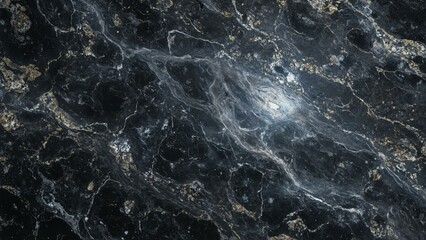Polished grey marble with silver veins and blue highlights rests in a dark, mossy cavern.