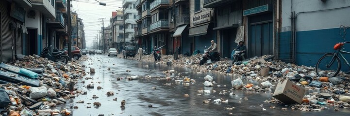 Obraz premium Flooded Street Scene: Urban Debris and Gloomy Atmosphere