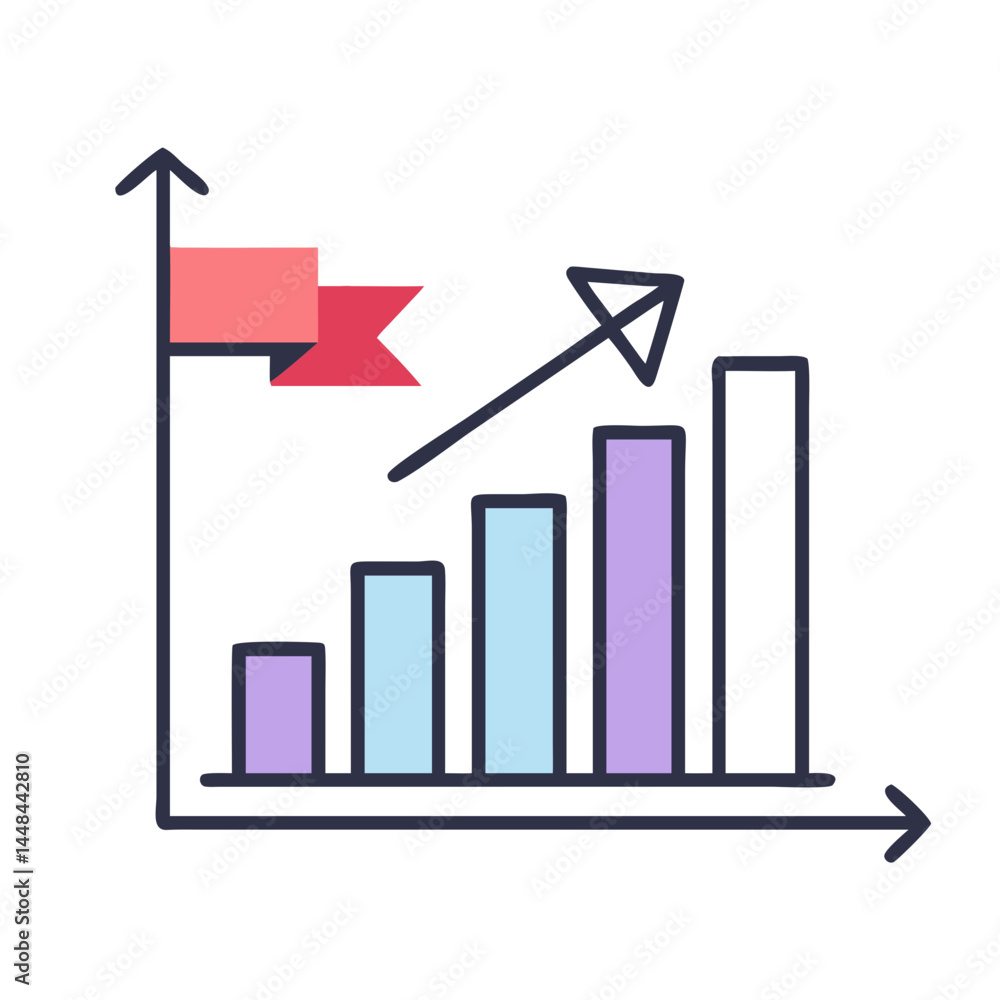 Poster bar chart with arrow and flag icon representing business growth and strategic planning
