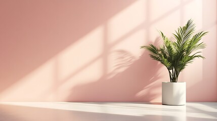 Serene Still Life: A potted plant stands gracefully in a minimalist interior, its lush green leaves contrasting with the soft blush of the wall.