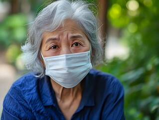 Elderly Woman in Medical Mask: An emotional portrait of an elderly woman wearing a protective medical mask, her face conveying a mix of concern and resilience during public health challenge.