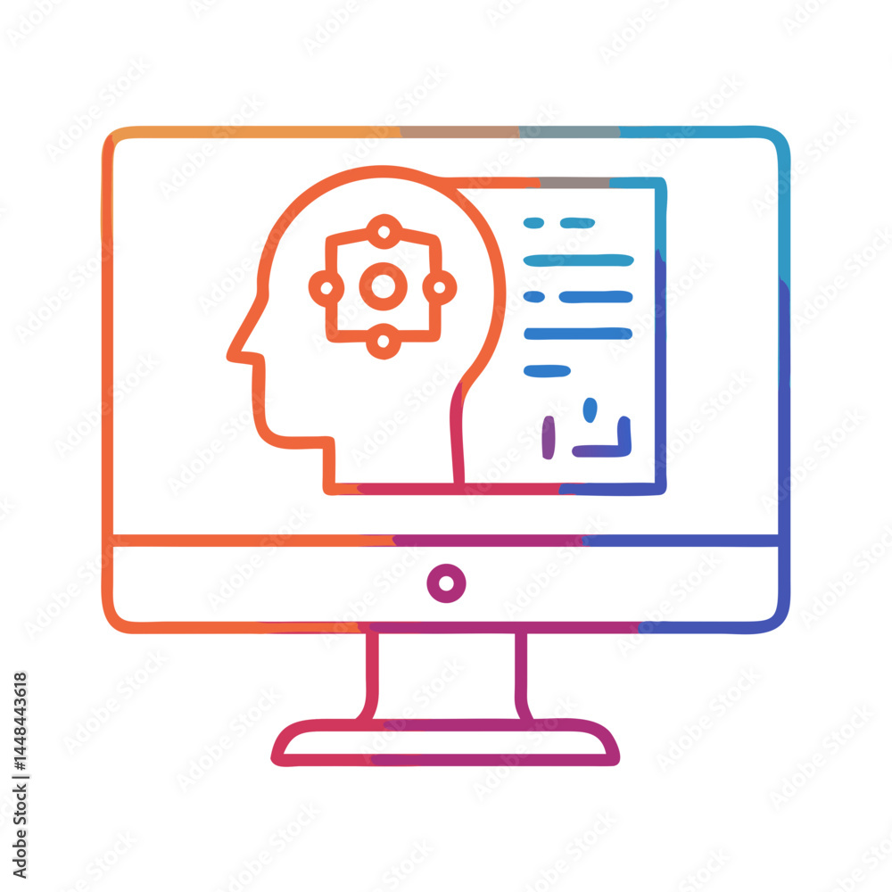 Poster Computer Display with Human Profile Icon Representing Digital Interaction and User Interface