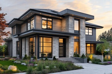 Fototapeta premium Modern architectural design of a luxurious two-story house in a serene suburban neighborhood during sunset showcasing elegant landscaping and large glass windows