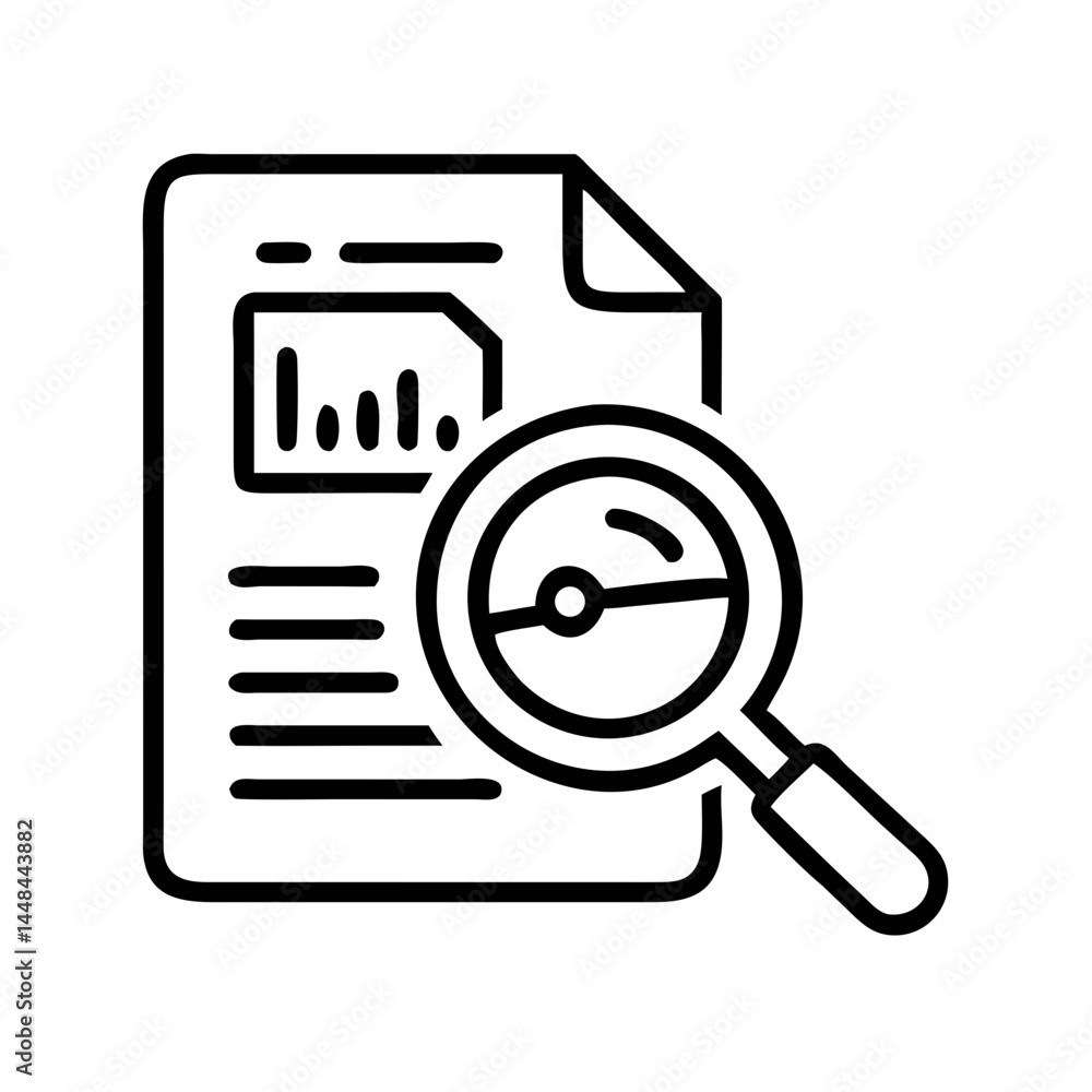 Poster document with magnifying glass icon representing business research and document analysis