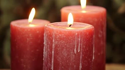 Three Burning Red Candles Melted Wax Romantic Atmosphere