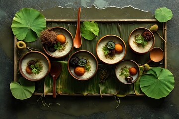 A carefully arranged culinary still life, featuring steaming bowls of congee garnished with fresh herbs and savory additions, presented on a rustic wooden tray with lush green leaves