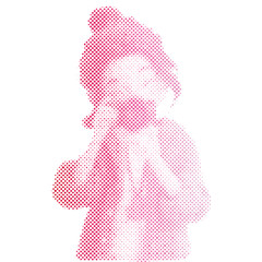A tourist woman is taking a picture with a camera retro modern halftone cartoon