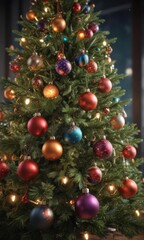 Vibrant baubles adorn a Christmas tree, bokeh lights glow ,  shine,  season's greetings,  celebration