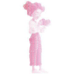 A tourist woman is taking a picture with a camera retro modern halftone cartoon