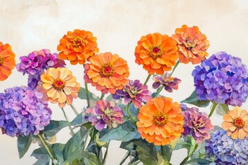 Vibrant floral display of zinnias and hydrangeas.
