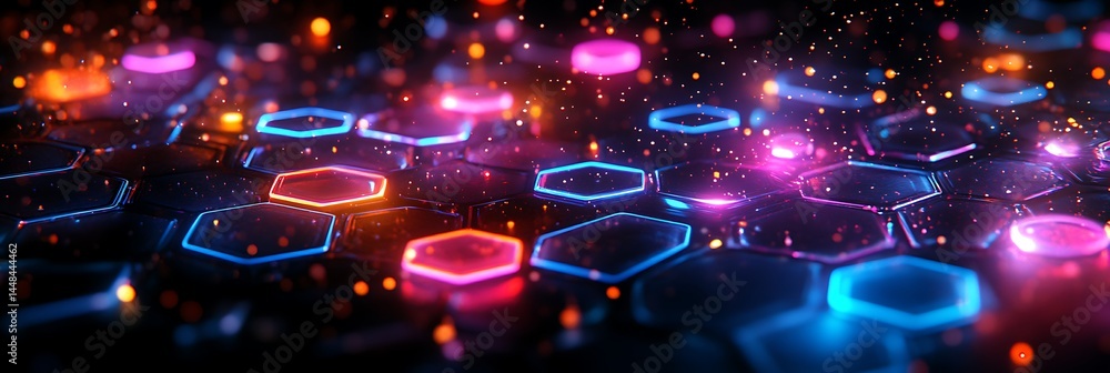 Aufkleber digital hexagon: an abstract 3d render depicts a futuristic tech landscape of glowing hexagons in vi