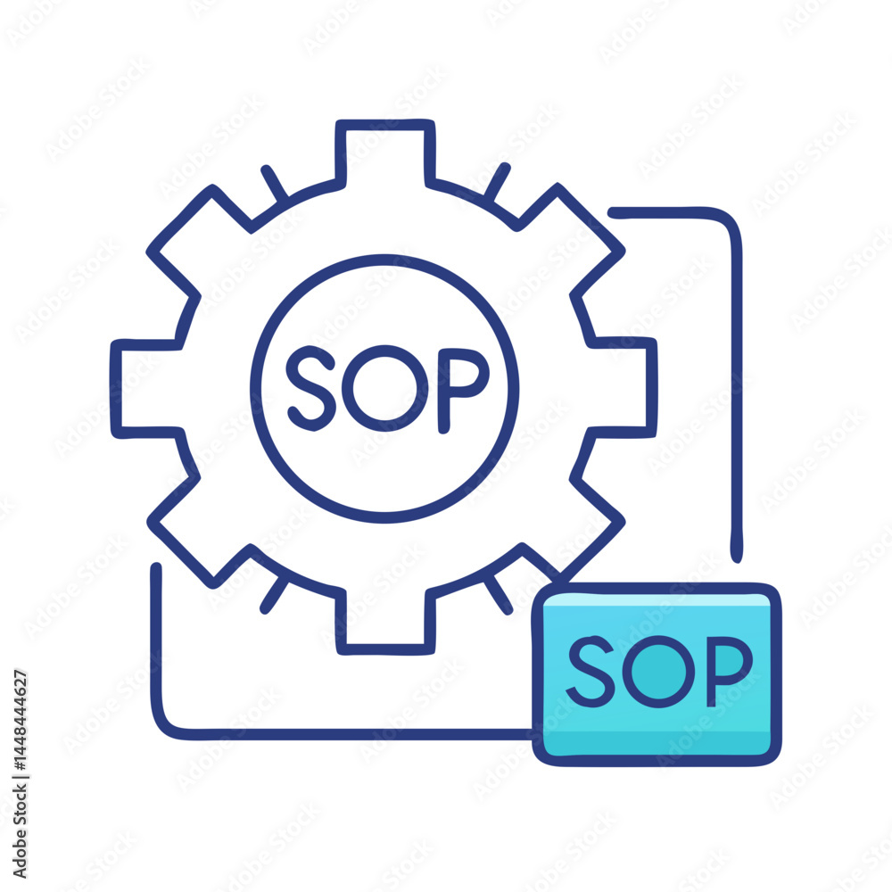 Aufkleber gear with sop label icon representing process standardization and operational procedures